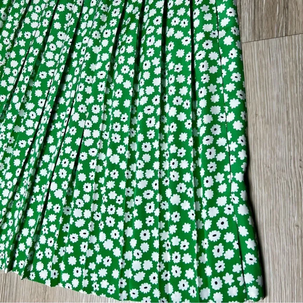 Vtg 90s Andrea Gayle Green Pleated Black White Floral Maxi Skirt 14.5” 12 M L